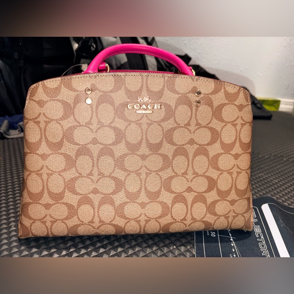 Coach Signature Brown Satchel with Pink Handles